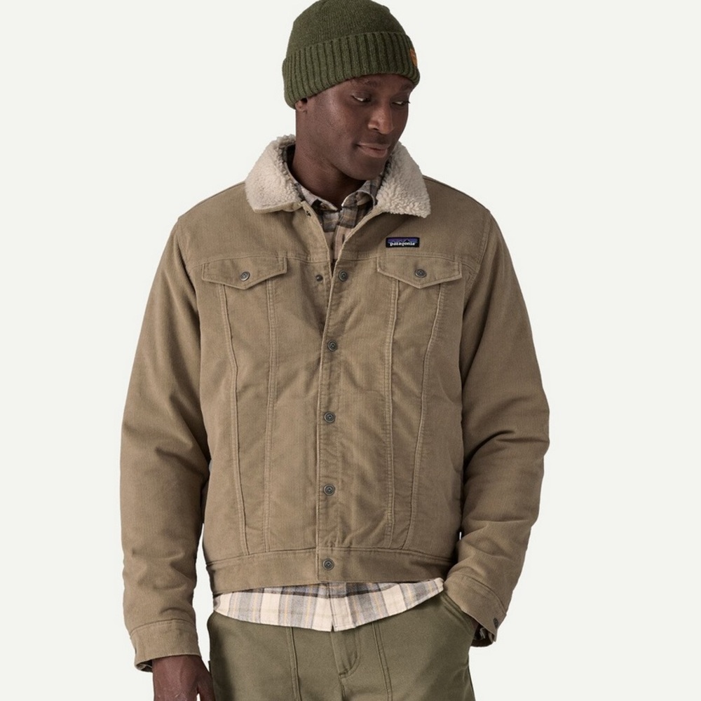 Patagonia Pile Lined Trucker Jacket Corduroy Mojave Khaki Button Front Mens L